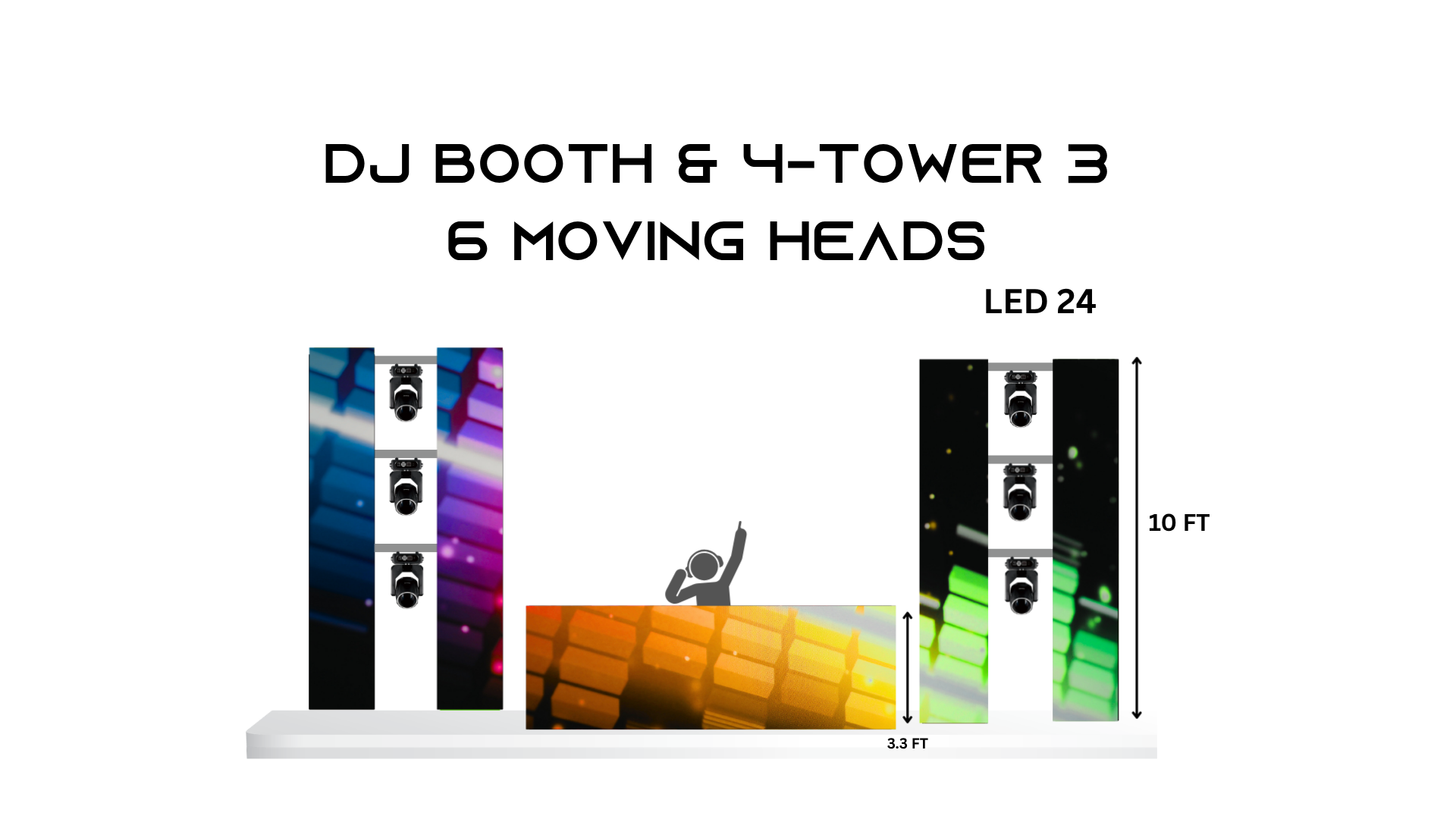 DJ Booth + 4 LED Towers + 6 Moving Heads – LED 24