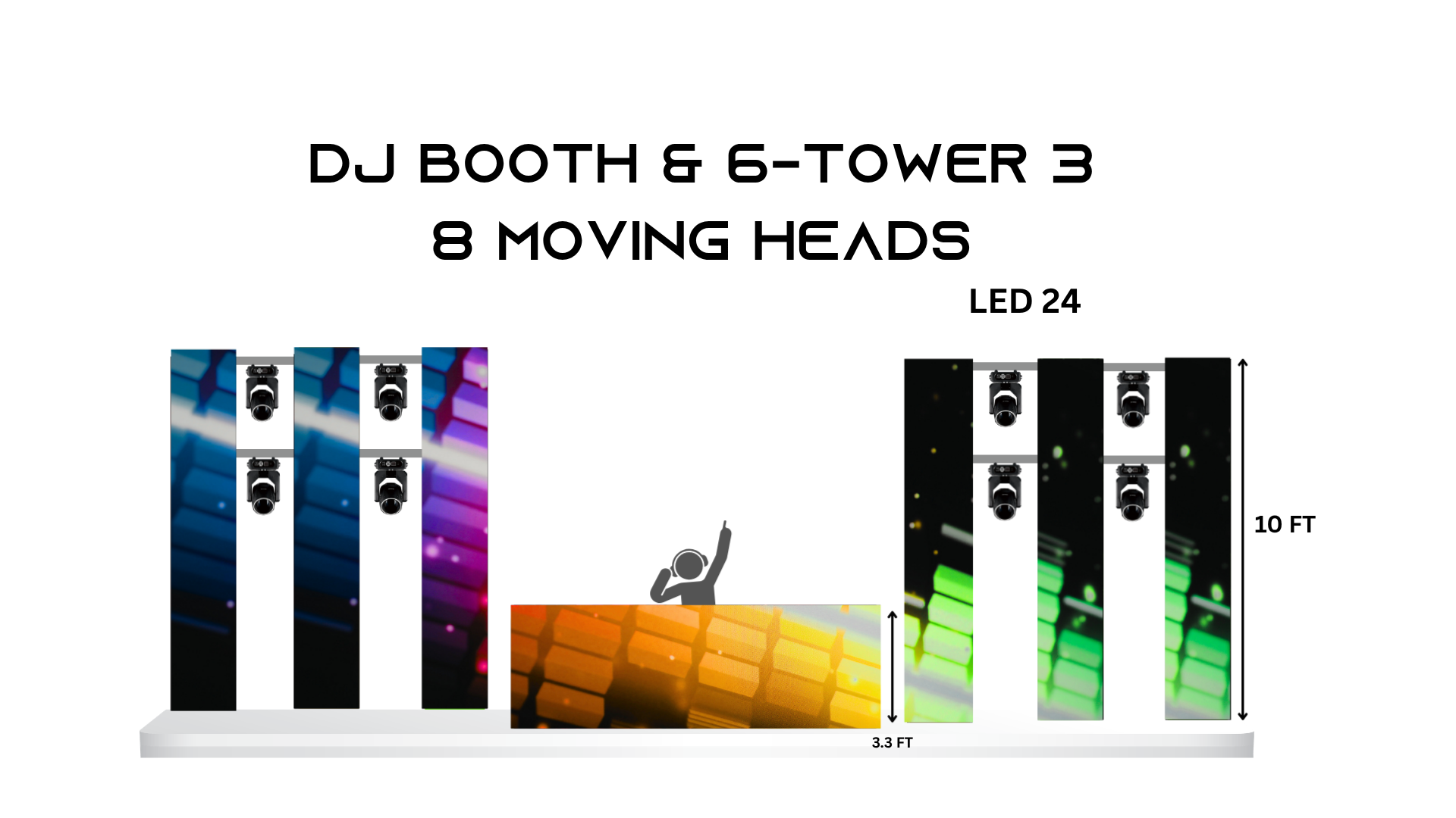 DJ Booth + 6 LED Towers + 8 Moving Heads – LED 24